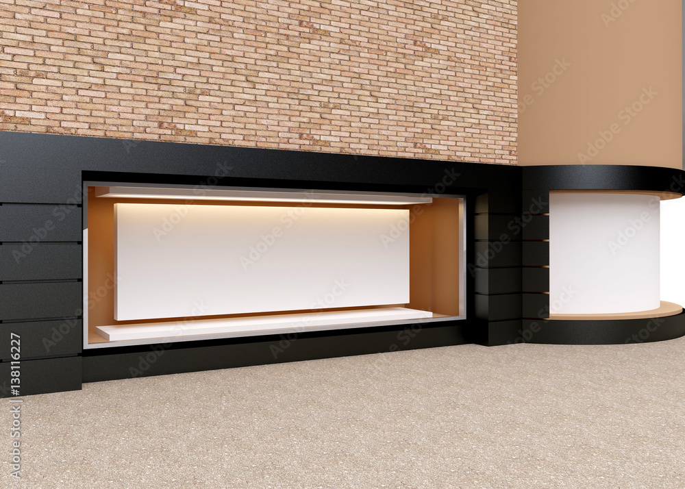 Wall mural blank mock up of store street showcase window in a city. 3d rendering