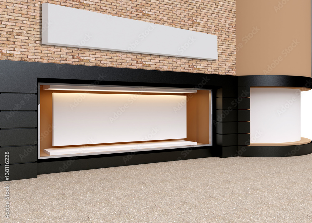 Wall mural blank mock up of store street showcase window in a city. 3d rendering
