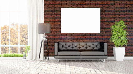 Modern interior with empty frame . 3D rendering