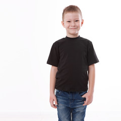 t-shirt design and people concept - close up of young man in blank black t-shirt, shirt front  isolated.
