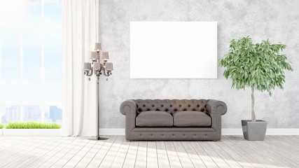 Modern interior with empty frame . 3D rendering