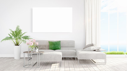 Modern interior with empty frame . 3D rendering