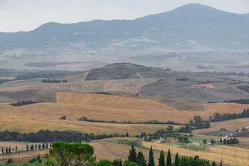 Hills and harvested fields and blue sky