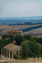 Fototapeta na wymiar Typical landscape in Tuscany, farmhouse on the hills of Val d'Orcia - Italy