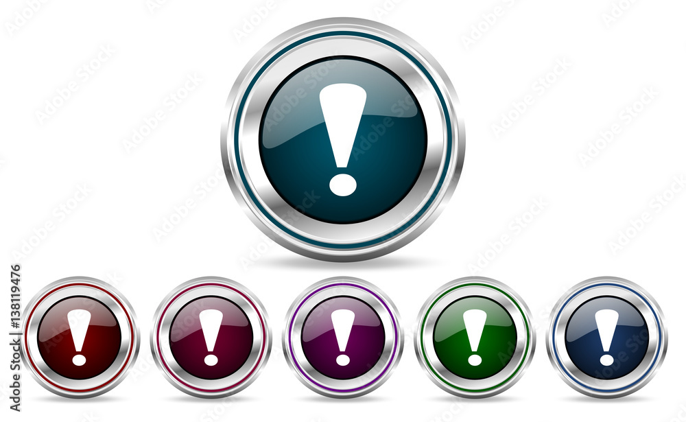 Poster Exclamation sign silver metallic web set of vector icons isolated on white background in eps 10.