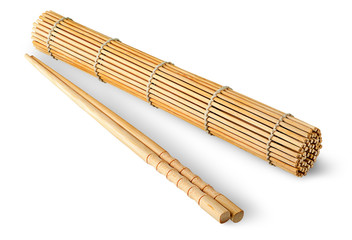 Sushi mat roll up and chopsticks