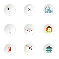 Tourism in South Korea icons set, flat style