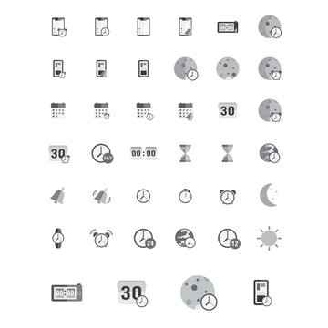 Time icons set. Vector illustration of flat black and white pictogram. Sign and symbols
