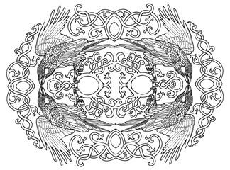 Vector illustration of oval Celtic ravens composition black and white