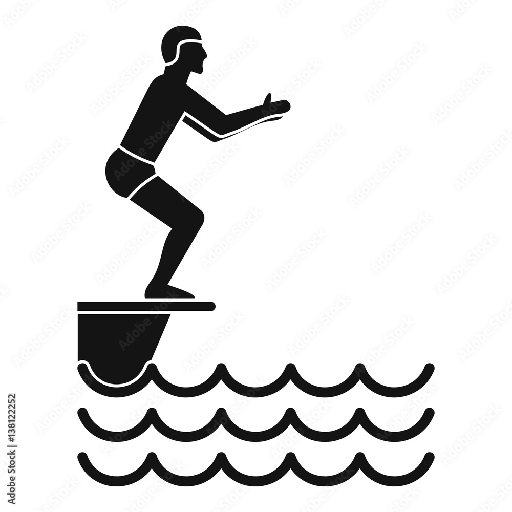 Poster man standing on springboard icon, simple style