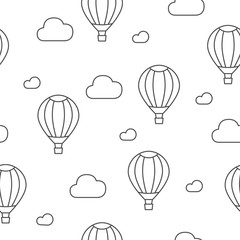 Hot air balloon and clouds. Seamless pattern. Vector hand drawn cartoon	