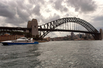 Fototapeta premium View of Sydney Harbor bridge with overcast sky