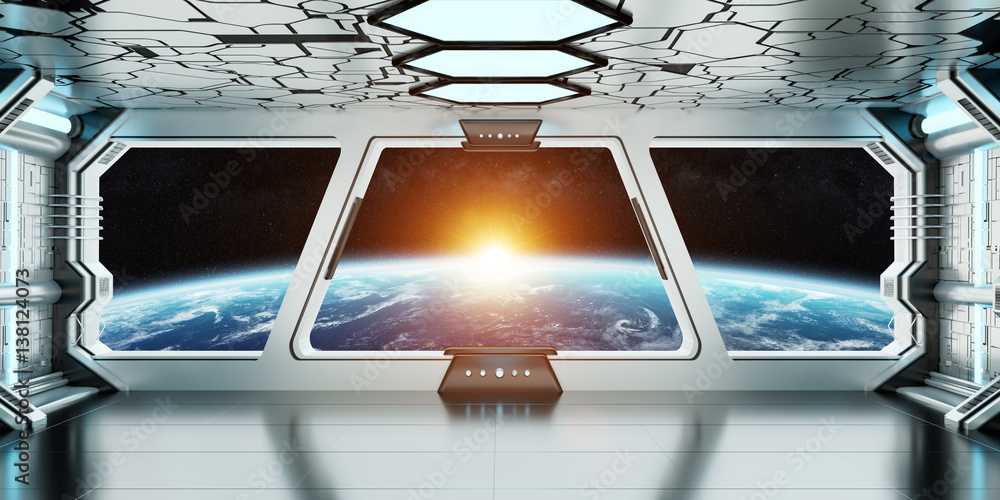 Aufkleber Spaceship interior with view on the planet Earth 3D rendering elements of this image furnished by NASA