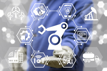 Robotic arm industry 4.0 integrated automation manufacturing concept. Robot hand manipulator icon...