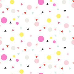 Confetti seamless white vector background. Pink and yellow dots and triangles pattern on white.