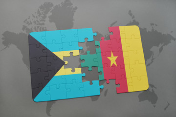 puzzle with the national flag of bahamas and cameroon on a world map