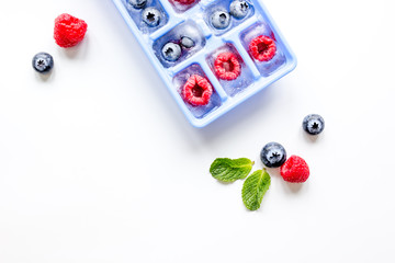 Fototapeta na wymiar Ice tray with berries and mint on white background top view mockup