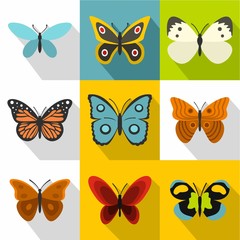 Fototapeta na wymiar Creatures butterflies icons set, flat style