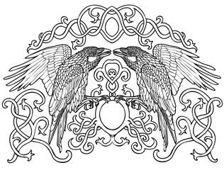 Vector illustration of Celtic ravens pair black and white
