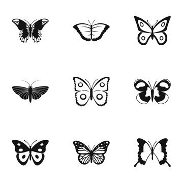 Flying butterfly icons set, simple style
