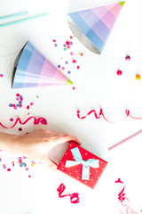 concept birthday party top view on white background mock up