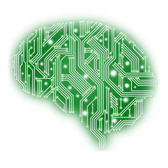 Illustration of circuit board in human brain form - green on white