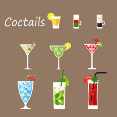 Set tropical cocktails in a flat style. Vector illustration