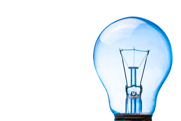 Blue colored light bulb isolated on white.