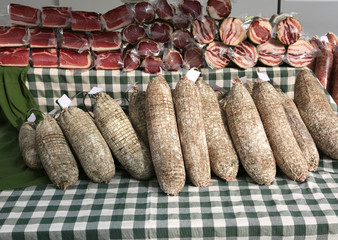 salami called Sopressa in Italian for sale in the peasant farm,