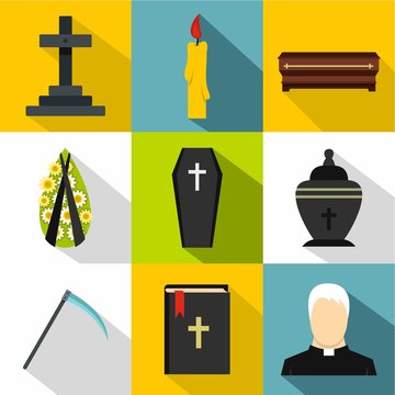 Burial icons set, flat style