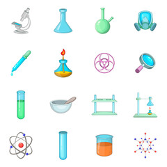 Chemical lab icons set, cartoon style