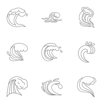 Wave icons set, outline style