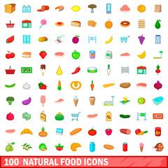 100 natural food icons set, cartoon style