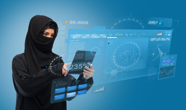 muslim woman in hijab with tablet pc computer