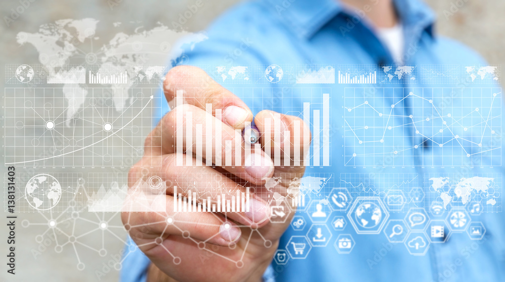 Poster businessman using digital graph interface with a pen