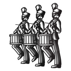 Obraz premium Marching soldier drummers marching in unison wearing band uniforms. 