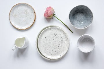 ceramic tableware top view on white background mock up