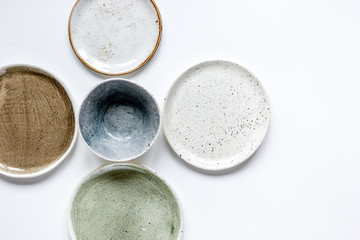 ceramic tableware top view on white background mock up