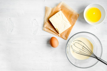 cooking pancake on white background top view ingredients for making