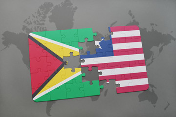puzzle with the national flag of guyana and liberia on a world map