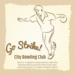 Bowling club vintage poster design with man bowling ball and lettering sign go strike. Vector illustration