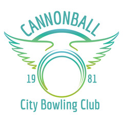 Bright bowling club logo with boling ball and wings. Vector bowling banner isolated on white