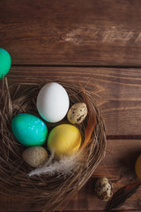 Easter eggs  on rustic wooden  background .