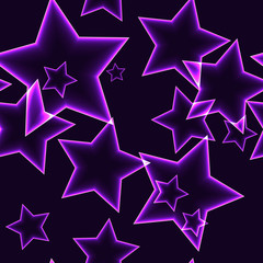 Dark seamless pattern with purple neon outline stars