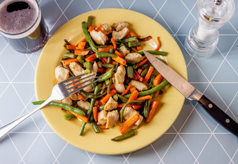 vegetables with meat on yellow plate