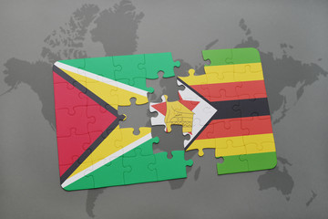 puzzle with the national flag of guyana and zimbabwe on a world map