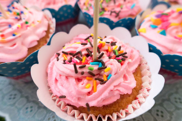 Fototapeta na wymiar Closeup view of colorful sprinkles on a pink cupcake
