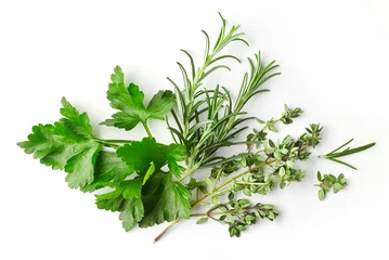 Foto op Plexiglas Aroma verse groene kruiden op witte achtergrond