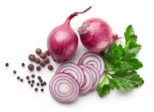 red onions and parsley on white background