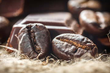 Close up of chocolate and coffee beans, shallow dof